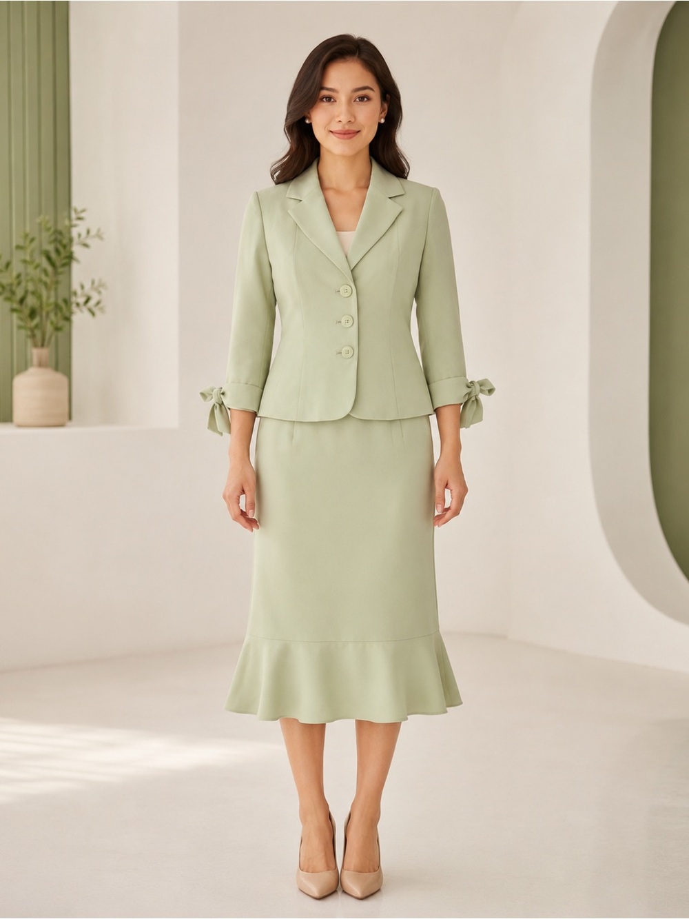 Le Suit Sage Midi Skirt with Flounce Hem